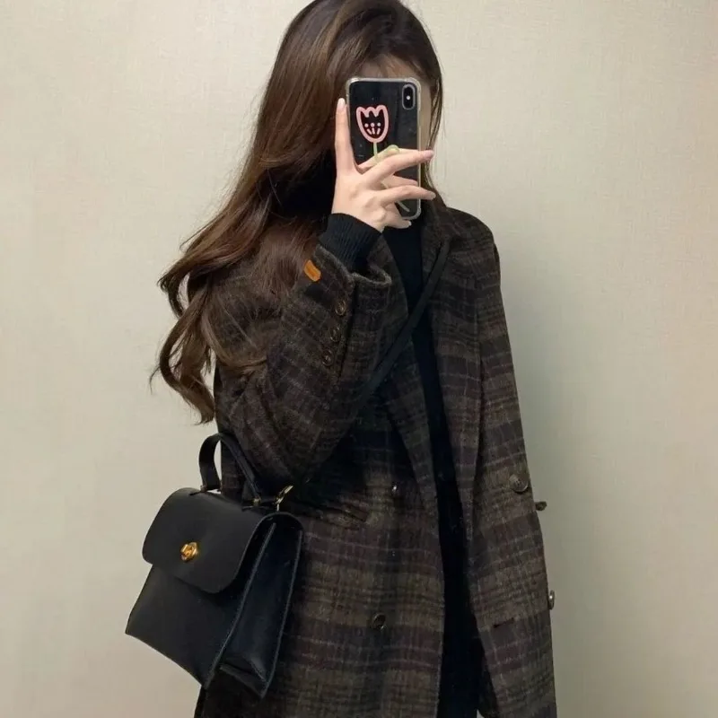 Retro Small Fragrant Plaid Suit Woolen Jacket 2026 Autumn and Winter Women's New Korean Thickened and Thin Versatile Woolen
