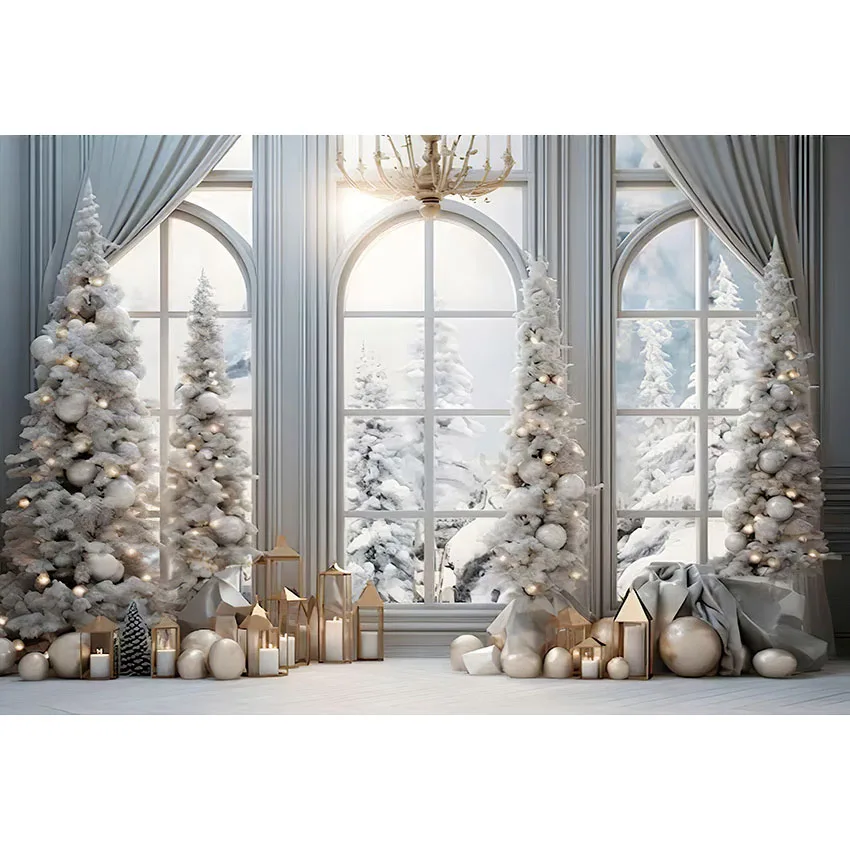 Avezano Christmas Background Winter Snow Fireplace Windows Interior Xmas Tree Decoration Backdrop Photo Studio Photocall Props