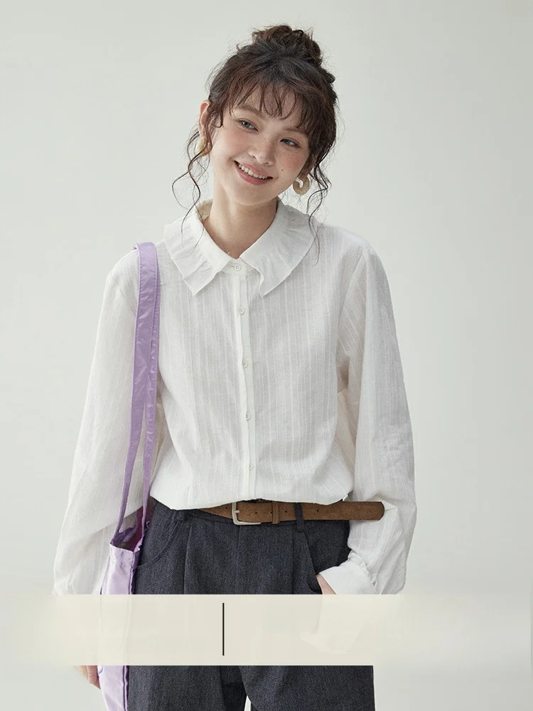 

Pure Cotton Long Sve irt Women's Spring Autumn Inner Wear White Lace Collar Button up Loose Fit French Sle Top