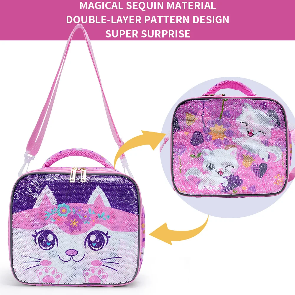 Lunch Bag For Girls, Cute Cartoon Kitty Sequin Design Lunch Box For Elementary Students, Kids Bento Box, Glow-in-the-dark Functi