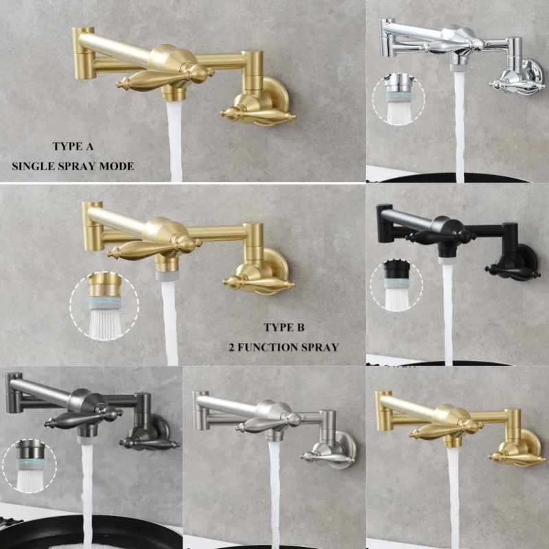 Black Brushed Chrome Brass Wall Mounted Pot Filler Faucet Swivel Folding Retractable Rotary Stretch Sink Tap Kitchen Faucet
