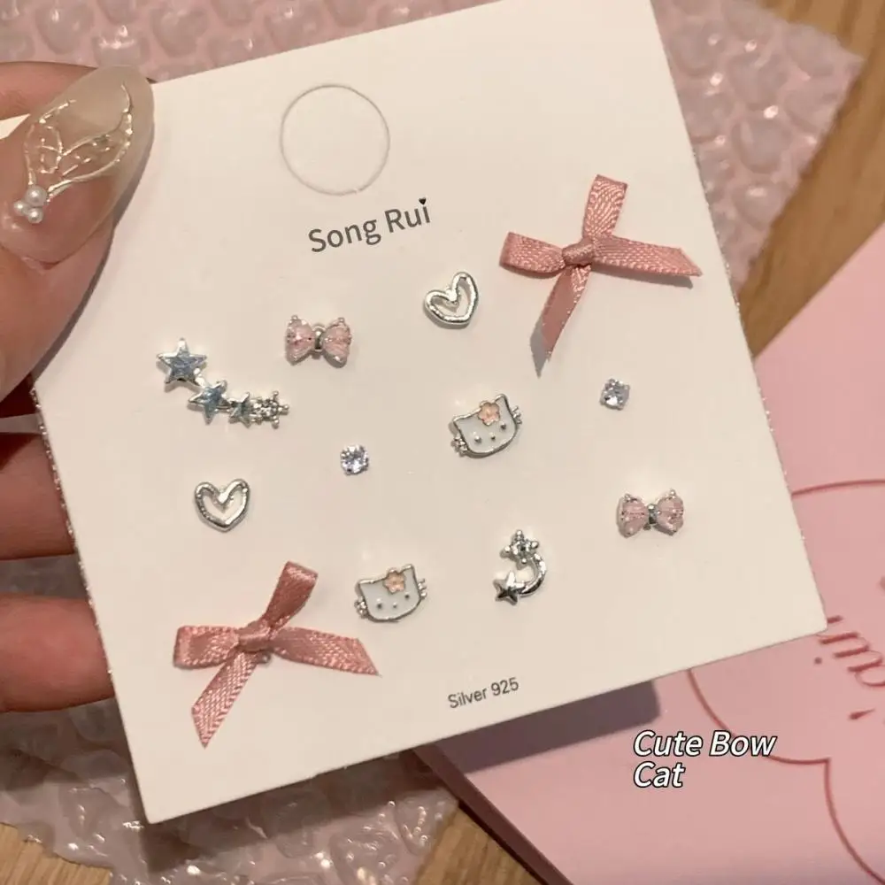 

12Pcs/set Hellokitty Kawaii Cartoon Fashionable Pink Bow Female Ear Bone Stud Sweet Charm Earring Jewelry Gifts Birthday Gift