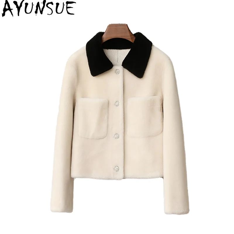 AYUNSUE Natural Wool Women's Jacket Autumn Winter Elegant Short Shearling Jackets for Women Clothes Lamb Fur Jacket Abrigo Mujer