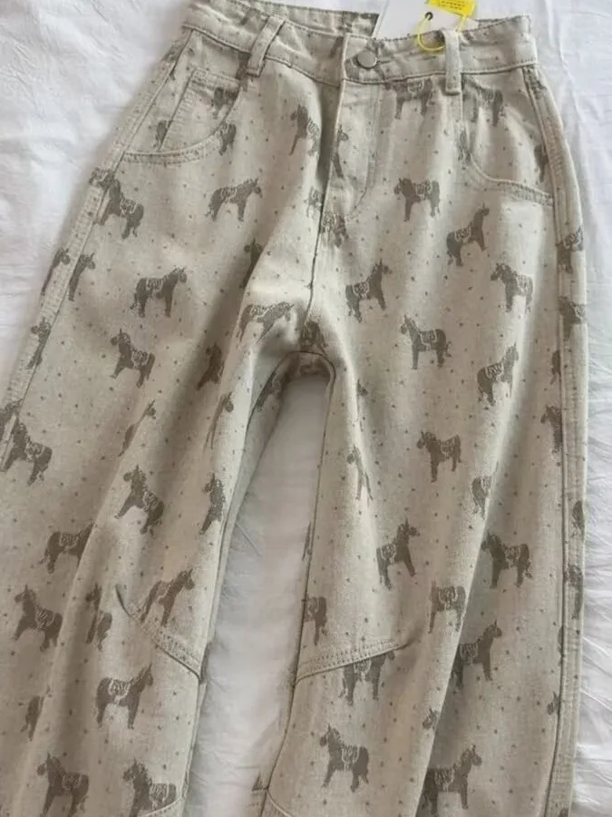 Loose Straight Leg Denim Jeans Women's Autumn New Khaki High Waist Narrow Version Wide Leg Pants Design Sense  Print