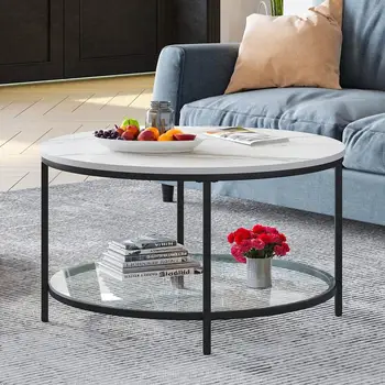 Image White Marble Round Coffee Table with Glass for Living Room, 2-Tier Circle Coffee Table with Storage Clear Coffee Table