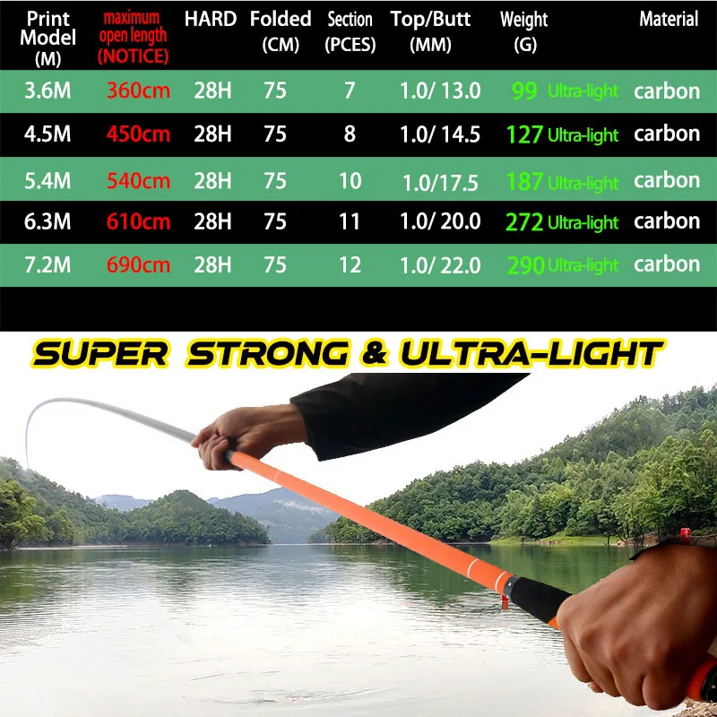 BAKAWA Stream Fishing Rod Carbon Fiber Telescopic Pole Ultra Light Carp Tackle 3.6M 4.5M 5.4M 6.3M 7.2M