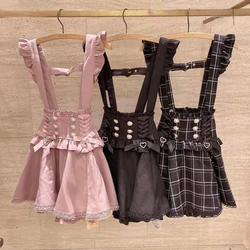 Japanese Gothic Lolita Ribbon Bow Short Suspender Skirt Girls Sweet Cute Lace A-Line Mini Skirts