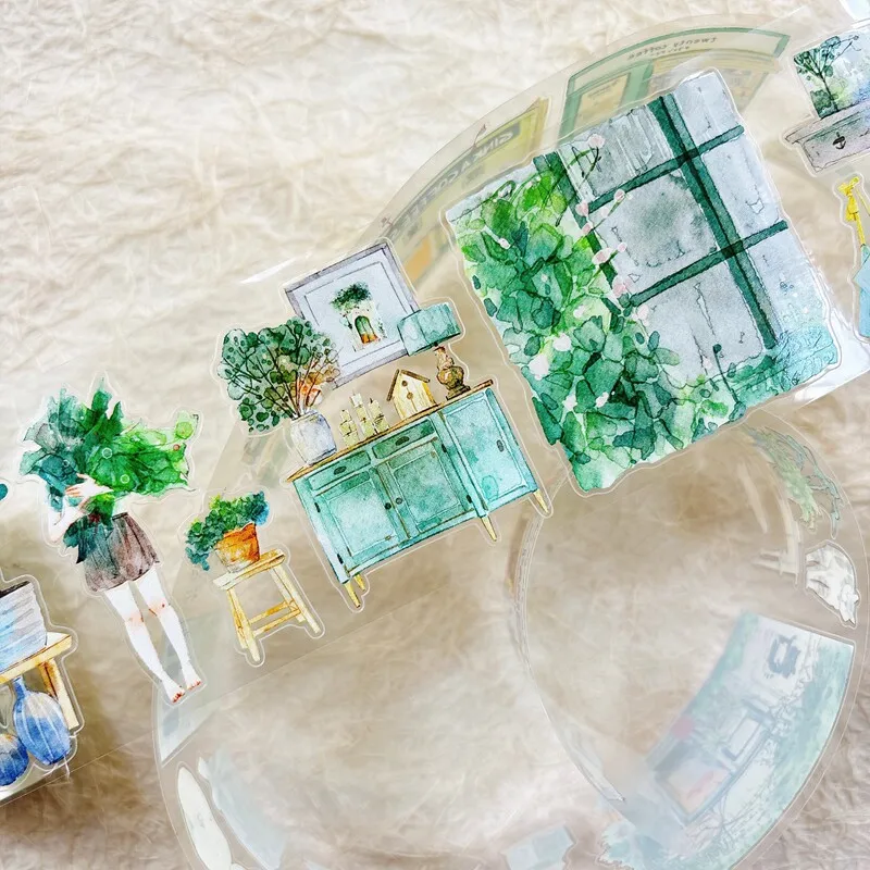 Vintage Green Life Plant Window Character Landscape PET Tape Creative DIY Journal Material Collage Scrapbooking Stationery