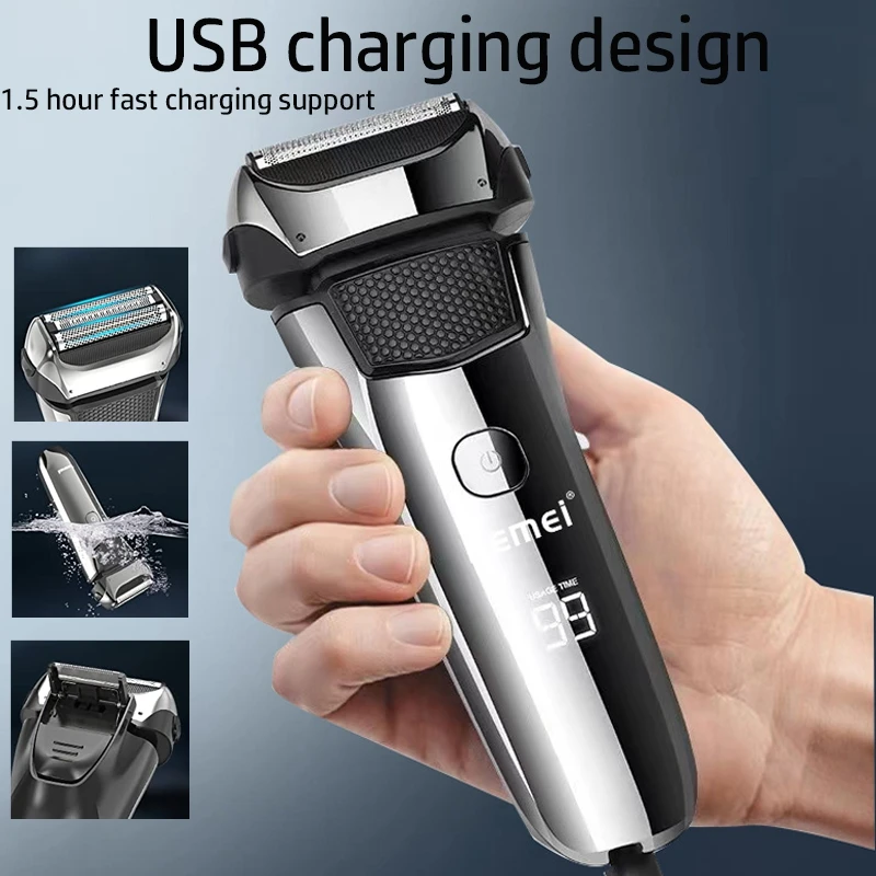 Kemei Washable Wet & Dry Electric Shaver For Men Face Beard Electric Razor Rechargeable Head Bald 3-Blade Shaving Machine System