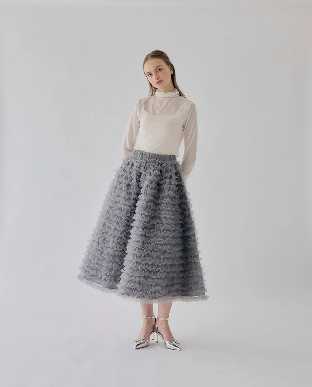 رمادي الكشكشة تول التنانير مرونة الخصر منتفخ تنورة توتو طويلة مخصص اللون والحجم ألف خط النساء ملابس رسمية التنانير الحفلات