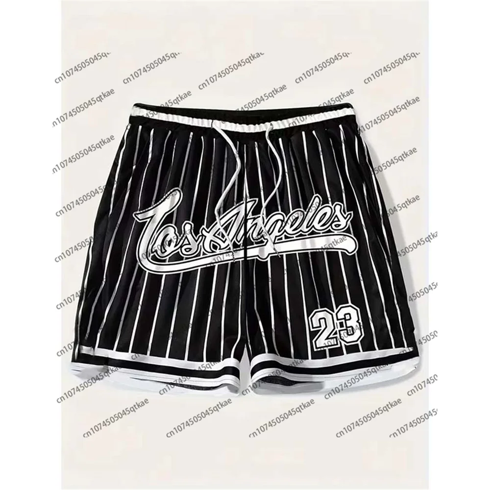 Los Angeles 23 Men Loose Beach Surfing Shorts Drawstring Quick Dry Stripe 3D Print Short For Summer Unisex Oversize Sport Shorts