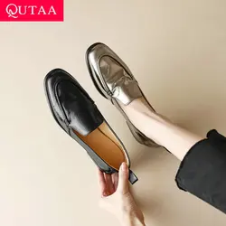 QUTAA 2023 Classic Women Pumps Spring Summer Working Casual Genuine Leather Low Heels Round Toe Loafers Shoes Woman Size 34-40