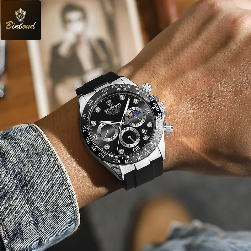 BINBOND ساعة رجالية فاخرة كوارتز رجل ساعات مقاوم للماء مضيئة العلامة التجارية الأعلى ساعة للرجال تاريخ كرونوغراف ساعة يد رياضية