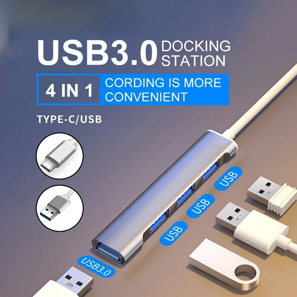 4 Ports Type C Hub One Drag Four Expanders High Speed 5Gbps Multi USB Splitter Adapter with 4 USB Ports for PC Laptop Notebook