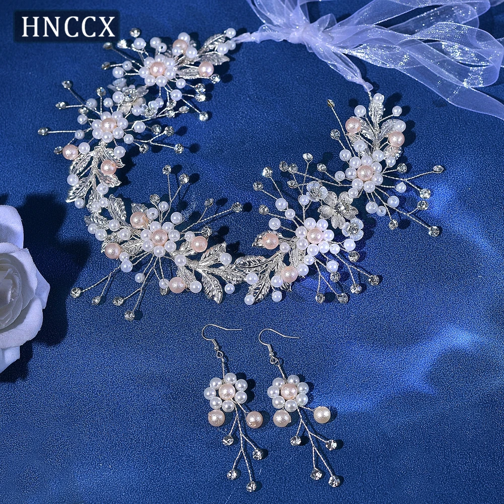 HNCCX Bridal Pink Color Pearl Headband Wedding Hair Accessories Rhinestone Hair Ornaments Women Banquet   Head Ornaments CP323