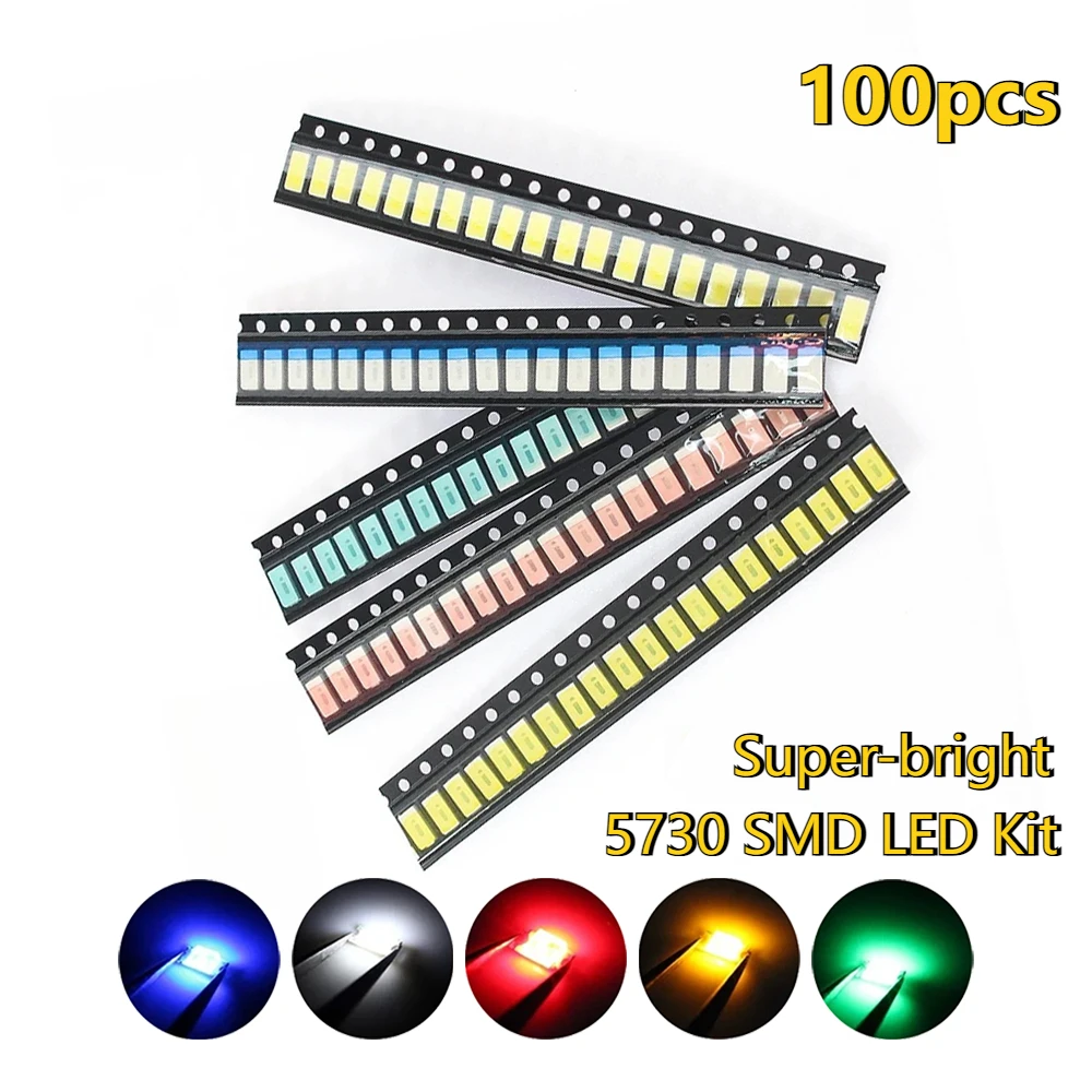 100 Stück LED-Dioden, superhell, 5730 LED-SMD-Leuchtdioden-Set, 5 Farben, Rot, Gelb, Grün, Blau, Weiß