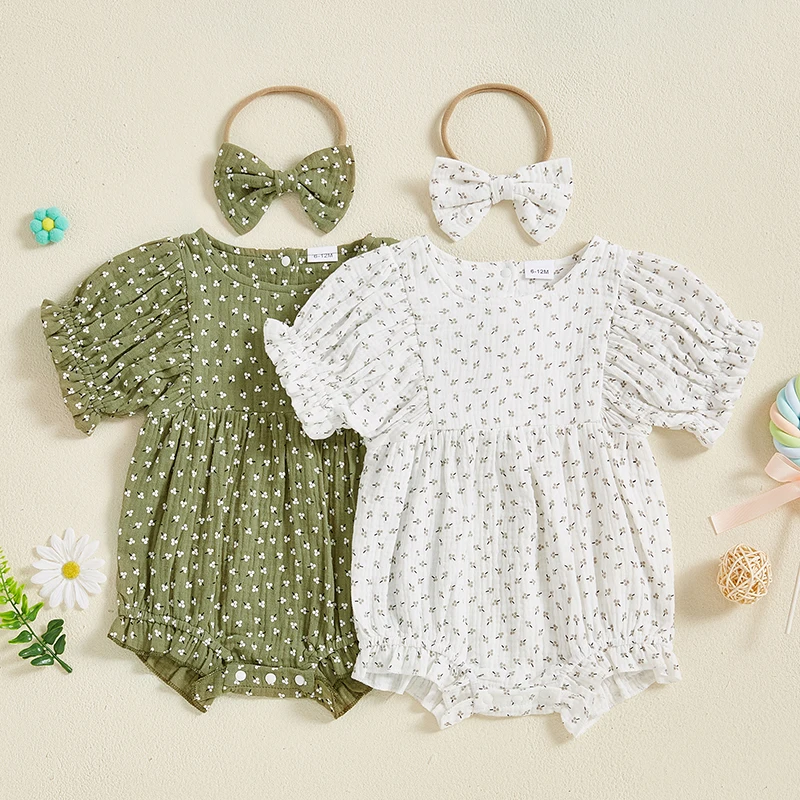 Newborn Baby Girl Summer Outfits Short Sleeve Round Neck Solid Color Romper with Headband Set Clothes