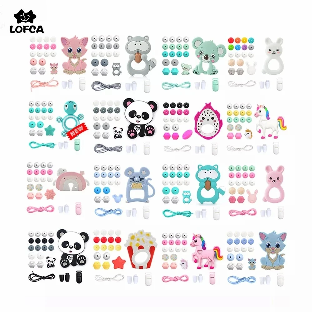 LOFCA Baby Silicone Teether DIY Baby Teething Necklace Food Grade Cartoon Raccoon Panda Pacifier chain Clip Beads Toy Sets