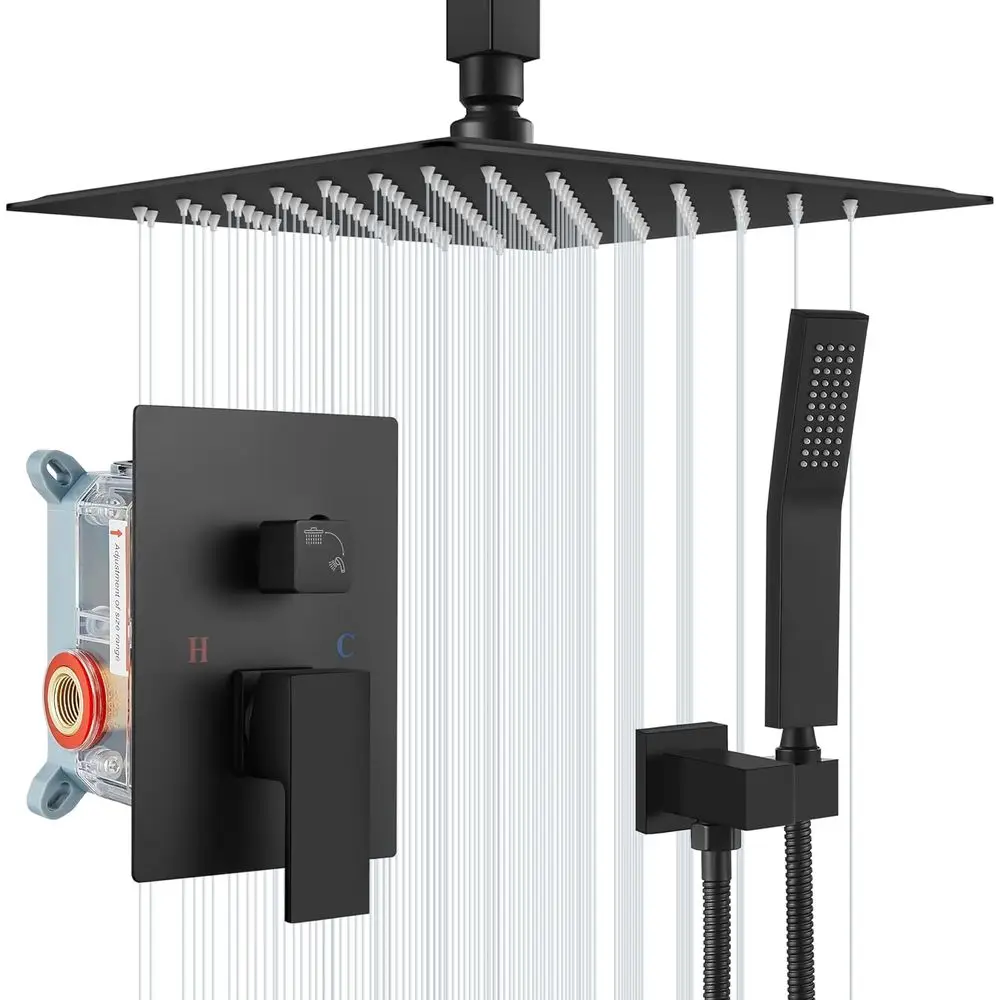 

12-Inch Matte Black Ceiling Mount Rain Shower System with Handheld Spray and High-Pressure Shower Head Set