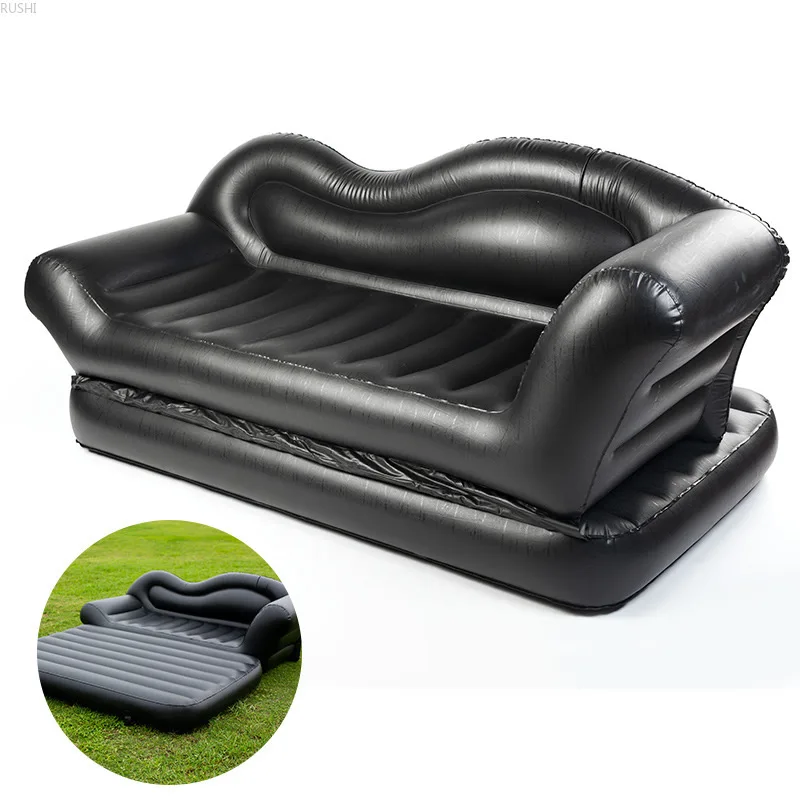 2 In 1 Thicken Home Outdoor Wavy Inflatable Sofa Padded Outdoor Folding Portable Inflatable Bed Lazy Sofa with Air Pump (220V)