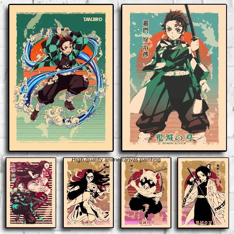 Affiche Anime Demon Slayer pour Art Mural, Papier Peint Kimetsu No Yaiba, Image Rétro, Impression sur Toile, Peinture Esthétique, Décor de Chambre à Domicile