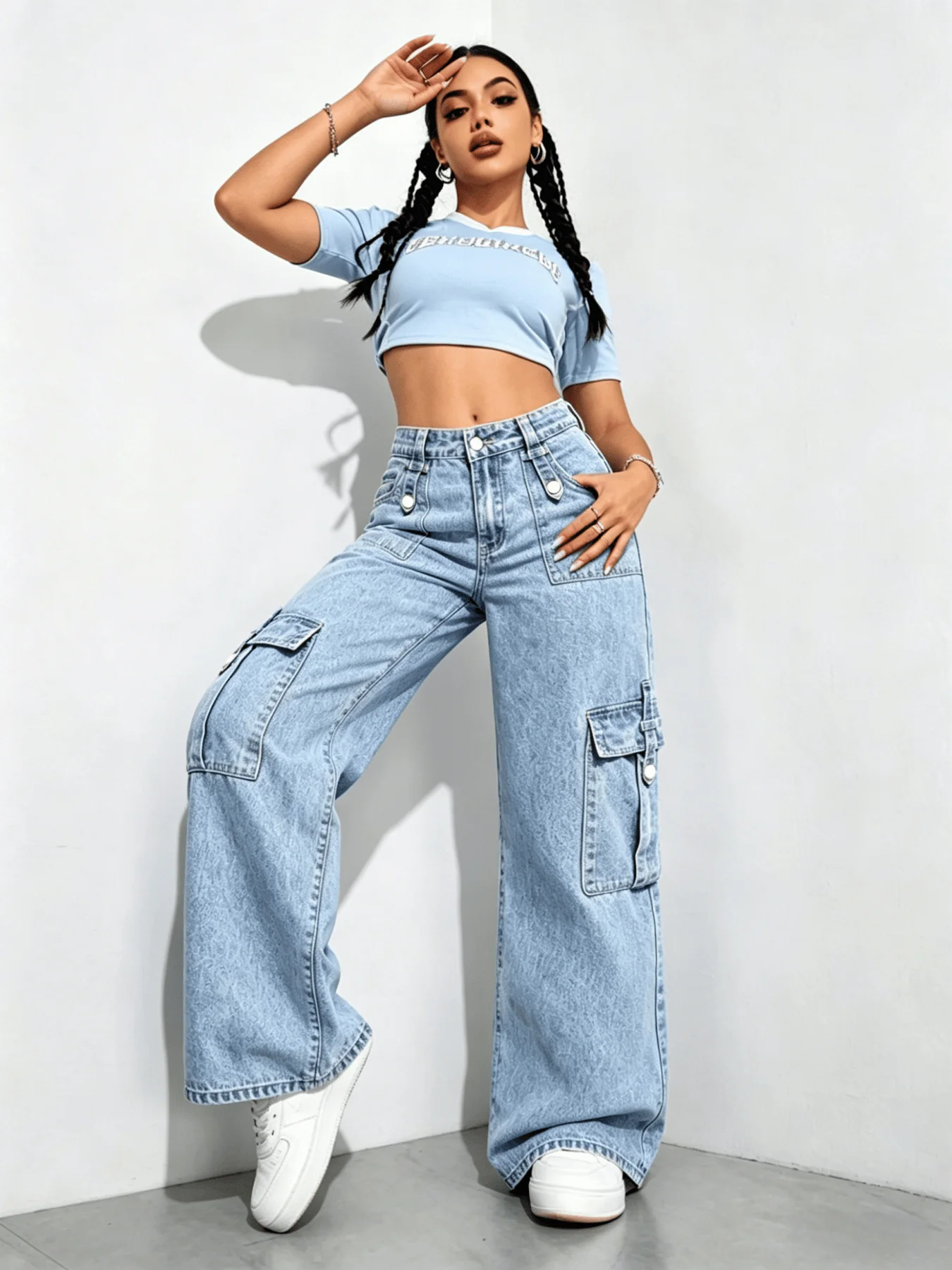 High Waist Light Blue Cargo Wide Leg Pants Multi Pocket Snow Washed Loose Drape Hip Cover Slim Street Trendy Daily Outfit Women