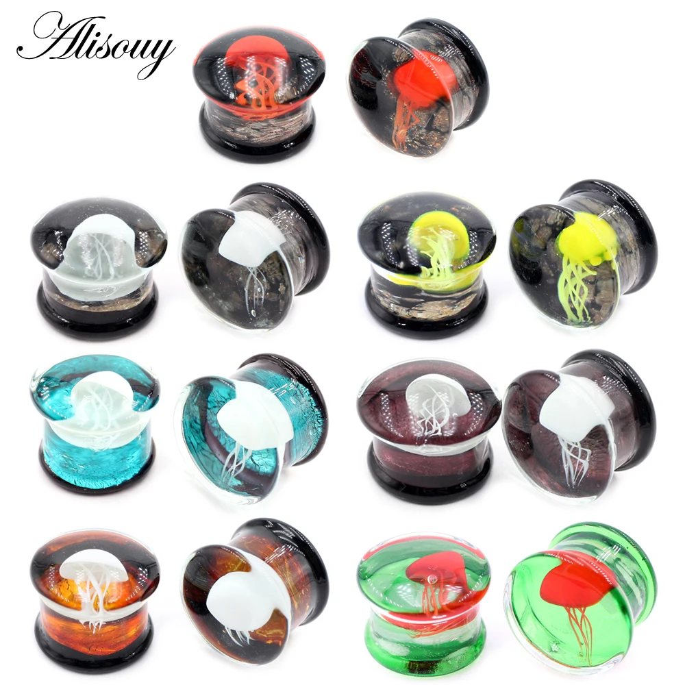 Alisouy 1PC Transparent Round Glass Jellyfish Ear Gauges Tunnels Plugs Flesh Stretcher Expander Earrings Piercing Body Jewelry