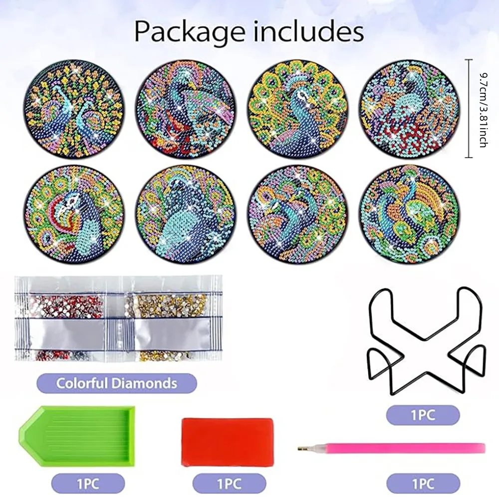 طقم كوستر مطلي بالألماس مع حامل ، ماء لامع ، ألماس ، حيوان ، ألماس ، مقاوم للحرارة ، كوستر ذاتي الصنع ، 8 * #2