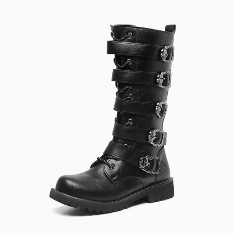 New Large Size Men's Leather Motorcycle Boots Mid-calf Combat Boots Gothic Belt Punk Boots Men High Top Shoes Tactical Boot 2026