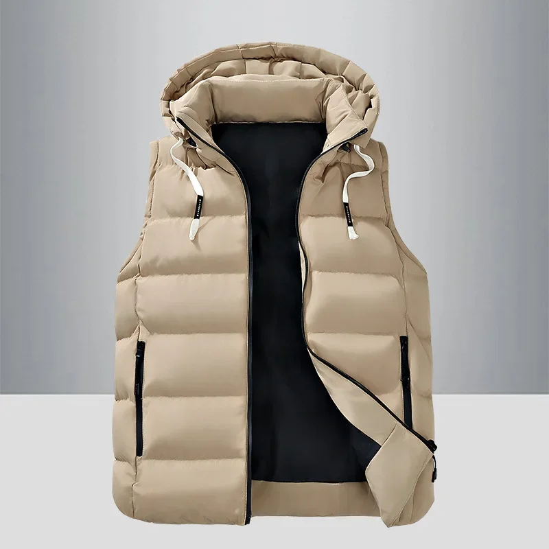 

Winter New Solid Color Men Waistcoat with Hood Comfortable Cotton Vests Jackets Fashion All-match Thicken Sleeveless Casual Warm