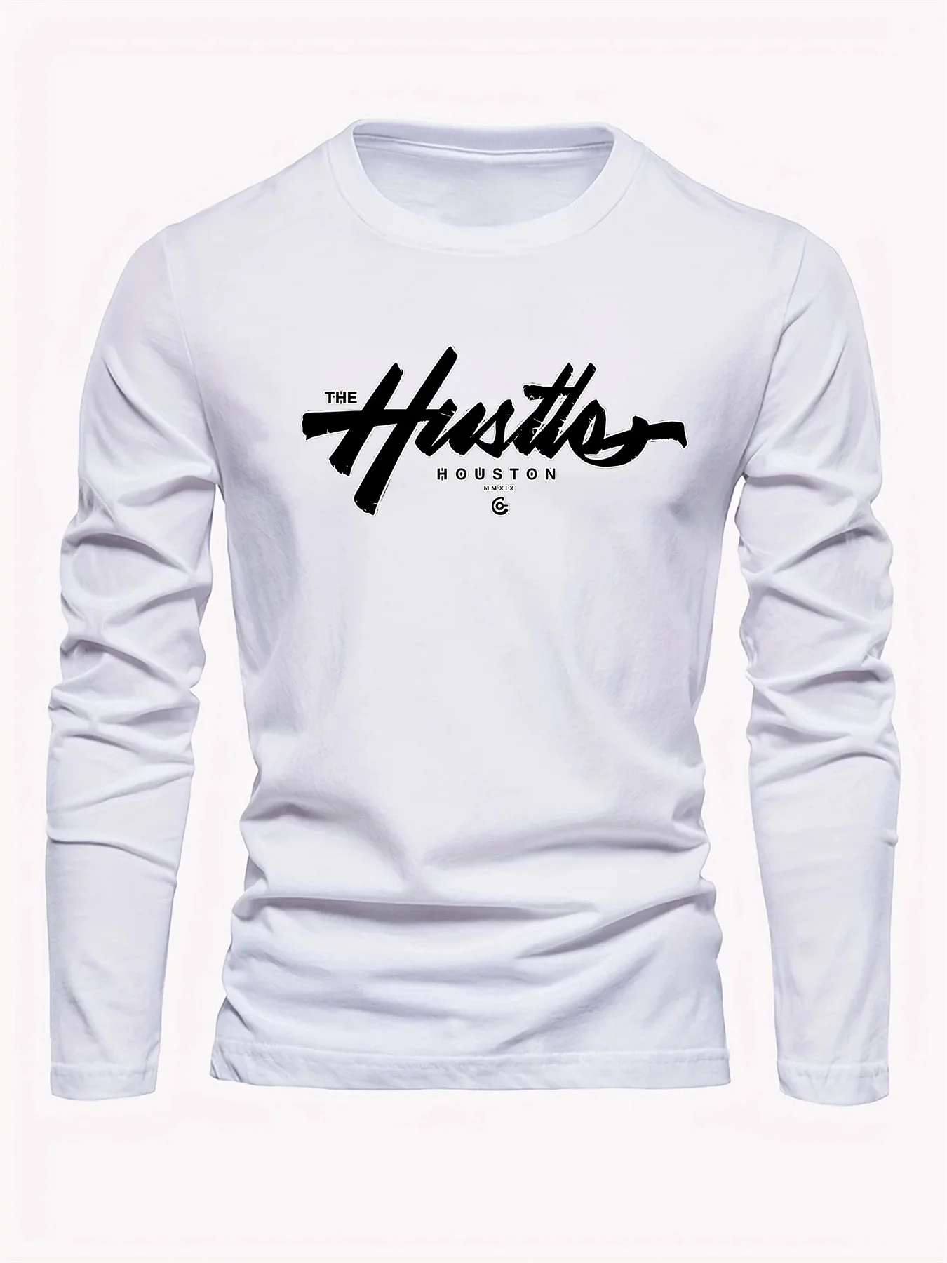 Houston Letter Pattern Printed Men's 100% Cotton Loose and Comfortable Sports and Leisure Round Neck Long Sleeve T-shirt Top