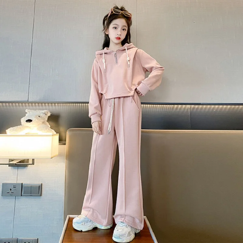 2026 Spring Autumn Girls Plain Drawstring Half Zip Crop Sweatshirt Jacket+Pant School Kids Tracksuit Child Outfit Workout Set