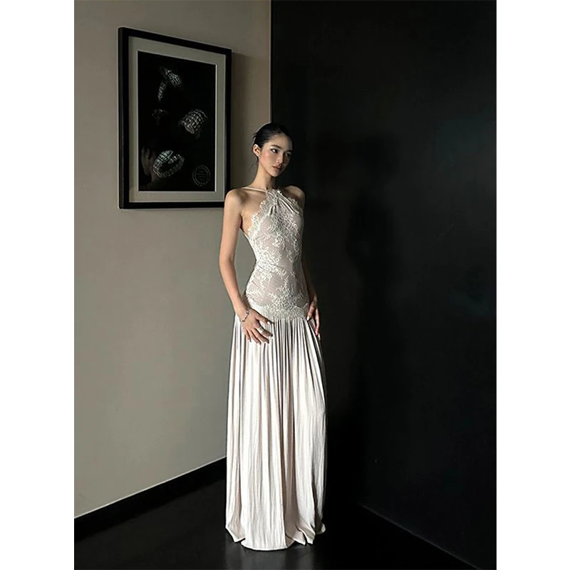 ชุดเดรสยาวลูกไม้หรูหราสำหรับผู้หญิง งานปาร์ตี้ งานพรอม เซ็กซี่ สายคล้องคอ เปิดหลัง ชุดเดรสยาวแฟชั่น ผู้หญิง แขนกุด ทรงเข้ารูป  ใหม่