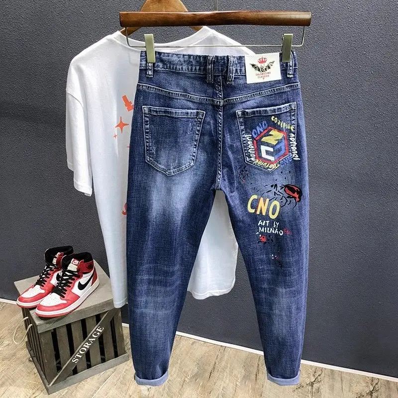 Spring Autumn 2026 Luxury Brand New Trendy Printed Jeans for Men Slim-Fit Slim-Fit Pants Korean Style Trendy Casual Long Pants