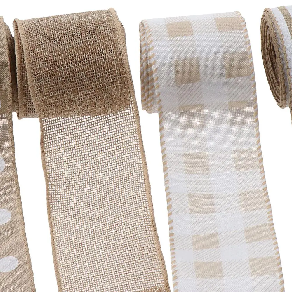 4 Rolls Assorted DIY Present Wrapping 2.5 inch Burlap Ribbon 20 Yards Burlap Wired Ribbons Polyester Ribbons Wedding Decor