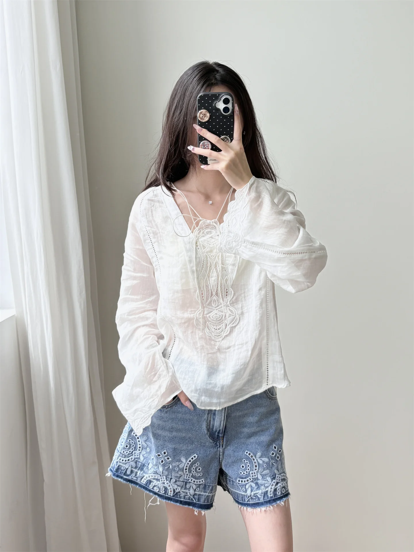 Laid-ba Vaion Sle Long Sve 刺繍入りリネン中空ベルト付きirt レディーストップス カジュアル ルーズフィット レギュラー丈