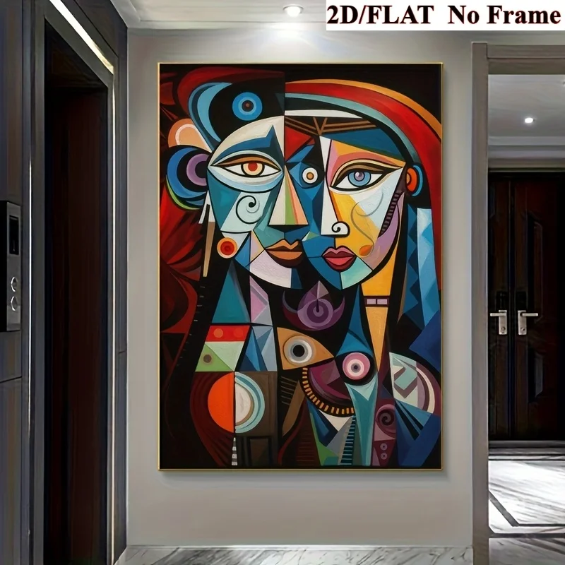 Arte de pared 2D plano, 1 pieza de retrato geométrico abstracto sin marco - Pintura moderna de gran tamaño impresa en lienzo,