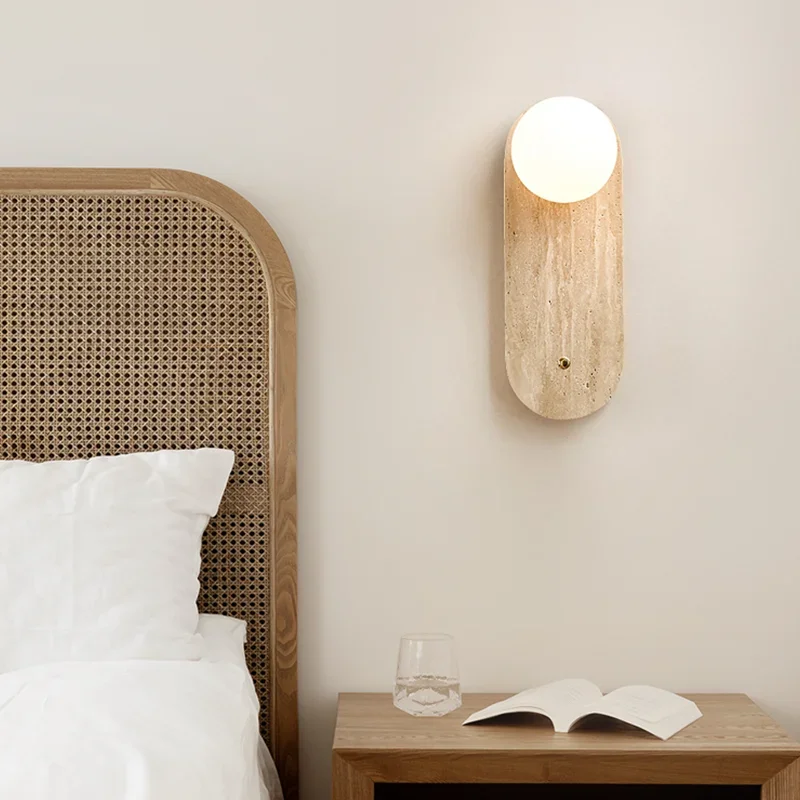 

Simple Modern Round Oval Shaped Natural Yellow Travertine LED Wall Lamp Wabisabi Wall Light Home Hotel Bedroom