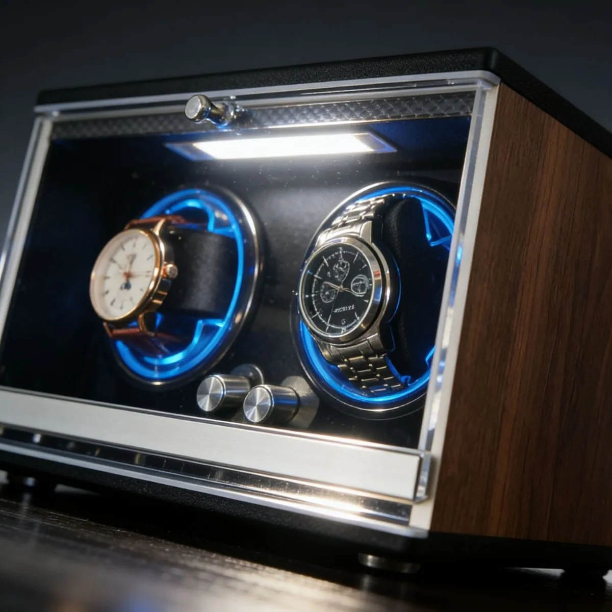 Premium 4 Position Watch Winder Walnut Wooden Cabinet Anti-magnetic Rotator with Blue LED Lighting Automatic Mechanical Watches
