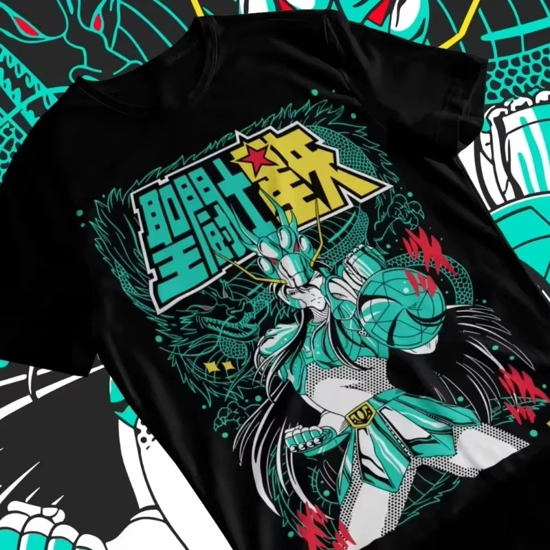 2026 summer Saint Seiya Single Sided T-shirt Dragon Shiryu Green Cloth Anime Print Oversized Cotton Tee For Otaku Fans
