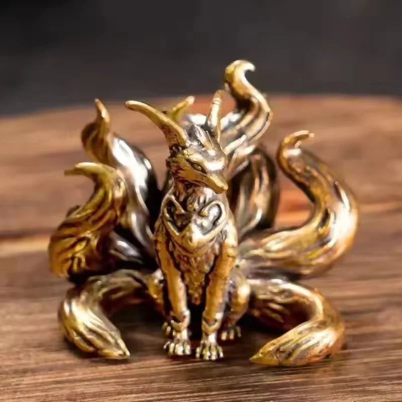Brass Nine Tailed Fox Feng Shui Lucky Statue Copper Animal Figurine Mini Desktop Crafts Home Office Decoration Accessories