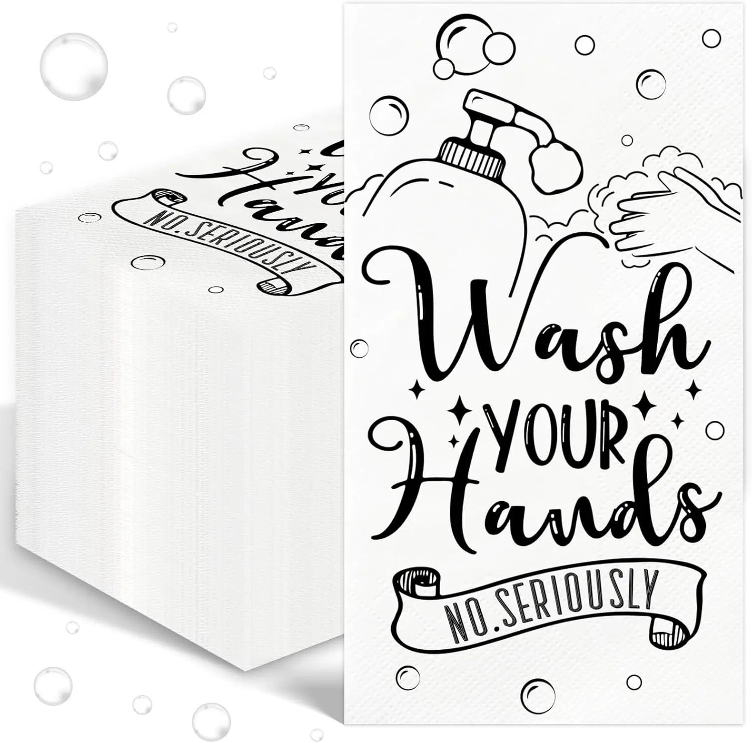 

100 Pcs Disposable Hand Towels, 3-Ply Paper Napkins with Wash Your Hands Design, Black White Guest Bathroom Essentials