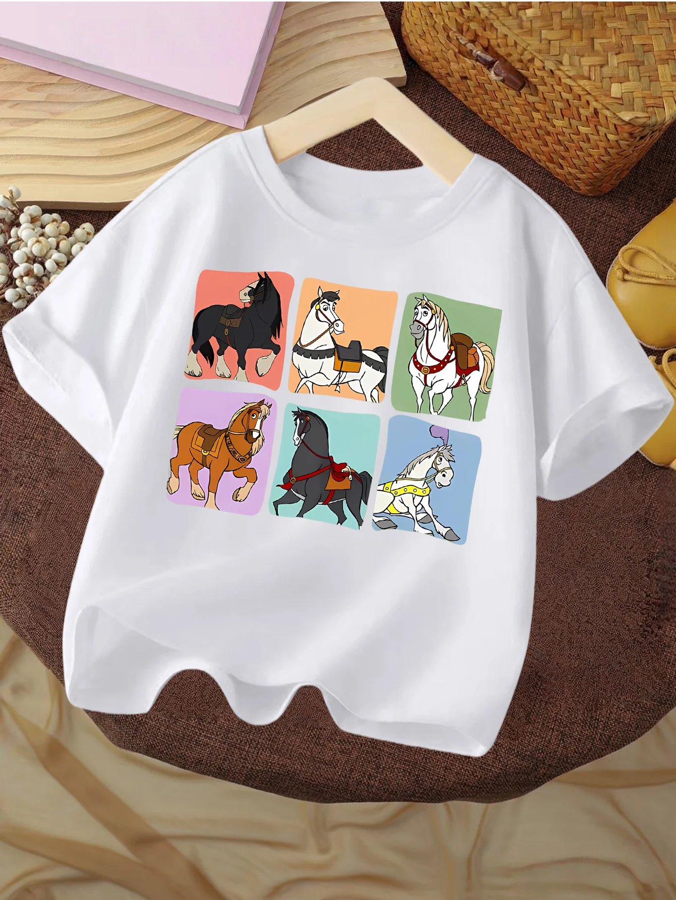 Children T Shirt Six Squares With Different Cartoon Steeds Lovely Horse Element Print Short Sleeve Soft Cotton Kids Daily Outfit