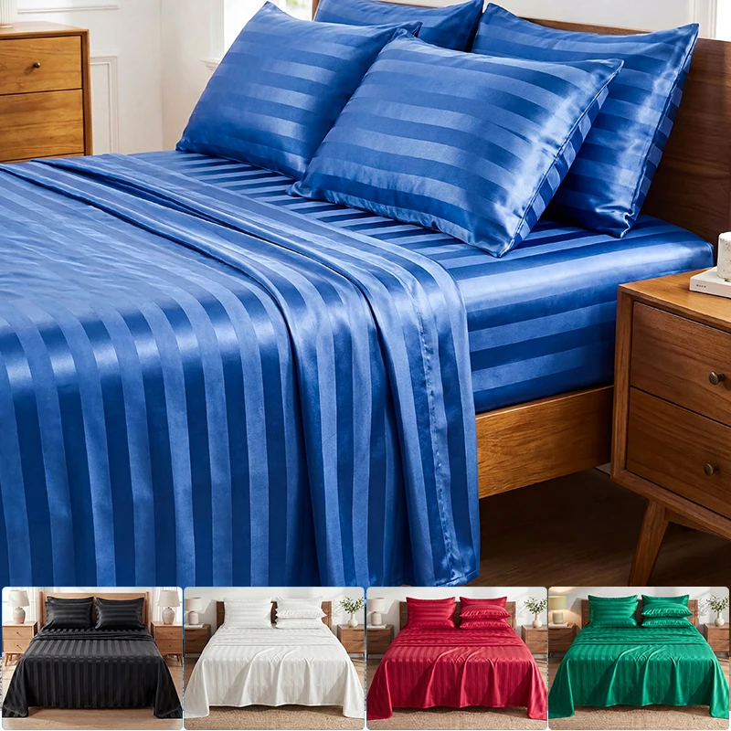 Satin Stripe Flat Sheet & Pillowcase Set, Silky Jacquard Striped Flat Sheet with Pillow Cover, Wrinkle Free Bedding Multi Colors