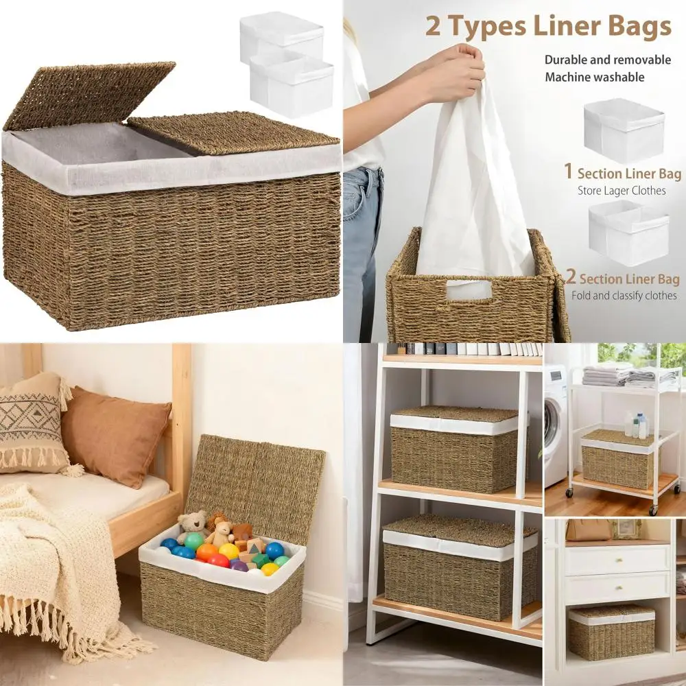 

Large Seagrass Wicker Storage Basket with Double Lids and Liners, Foldable Organizer for Clothes, Toys, and Blankets
