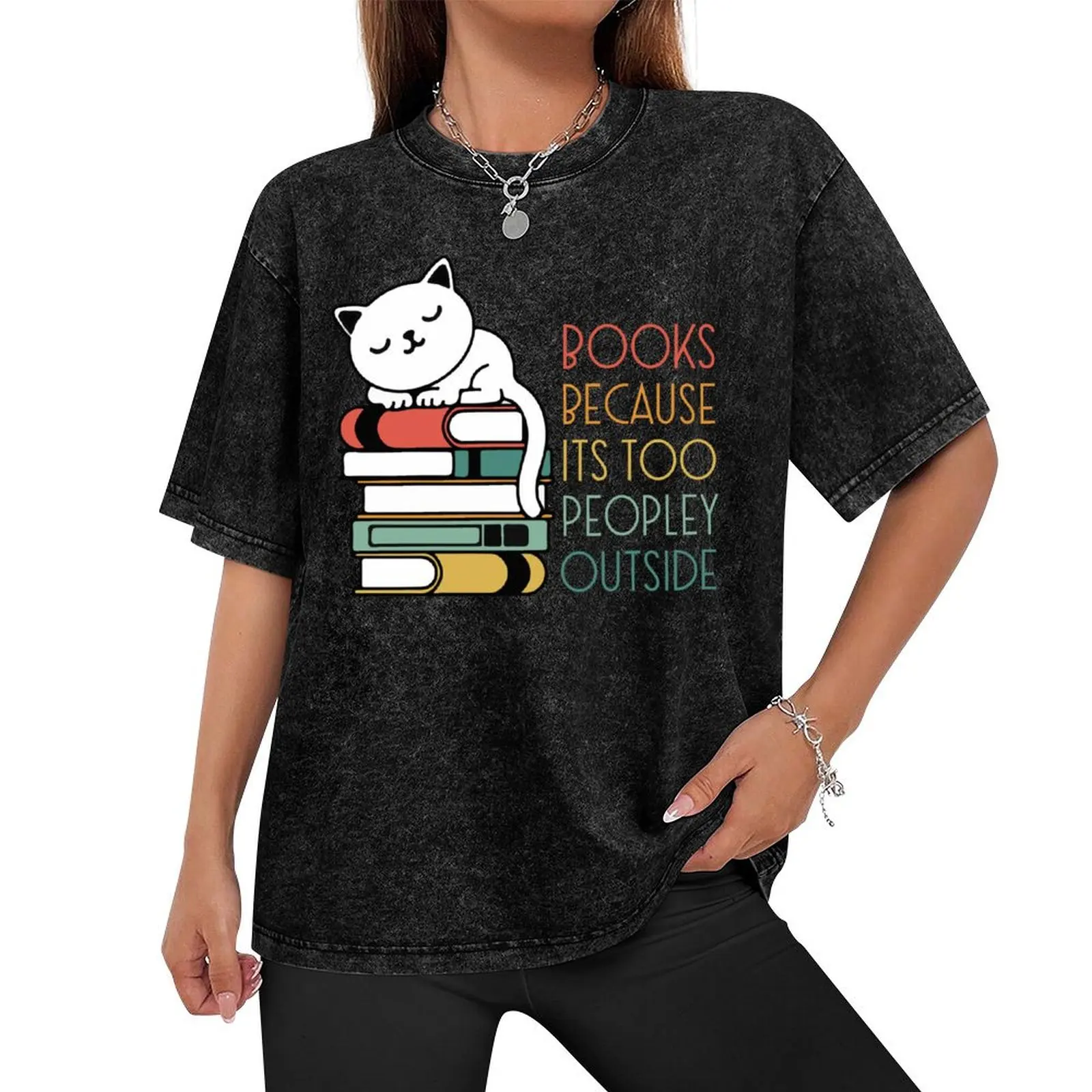 Books Because Its Too Peopley Outside, Funny cat reading books T-Shirt essential t shirt graphic shirts men clothings