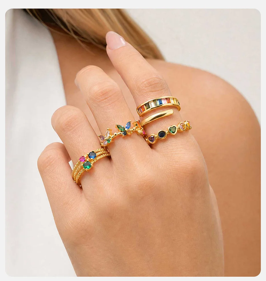 Vnox Elegante Bunte Zirkonia-Schmetterlings-Herz-Öffnungsringe für Frauen, Vergoldet, Stapelbare Glänzende Kristallringe, Partyschmuck – Detail 2