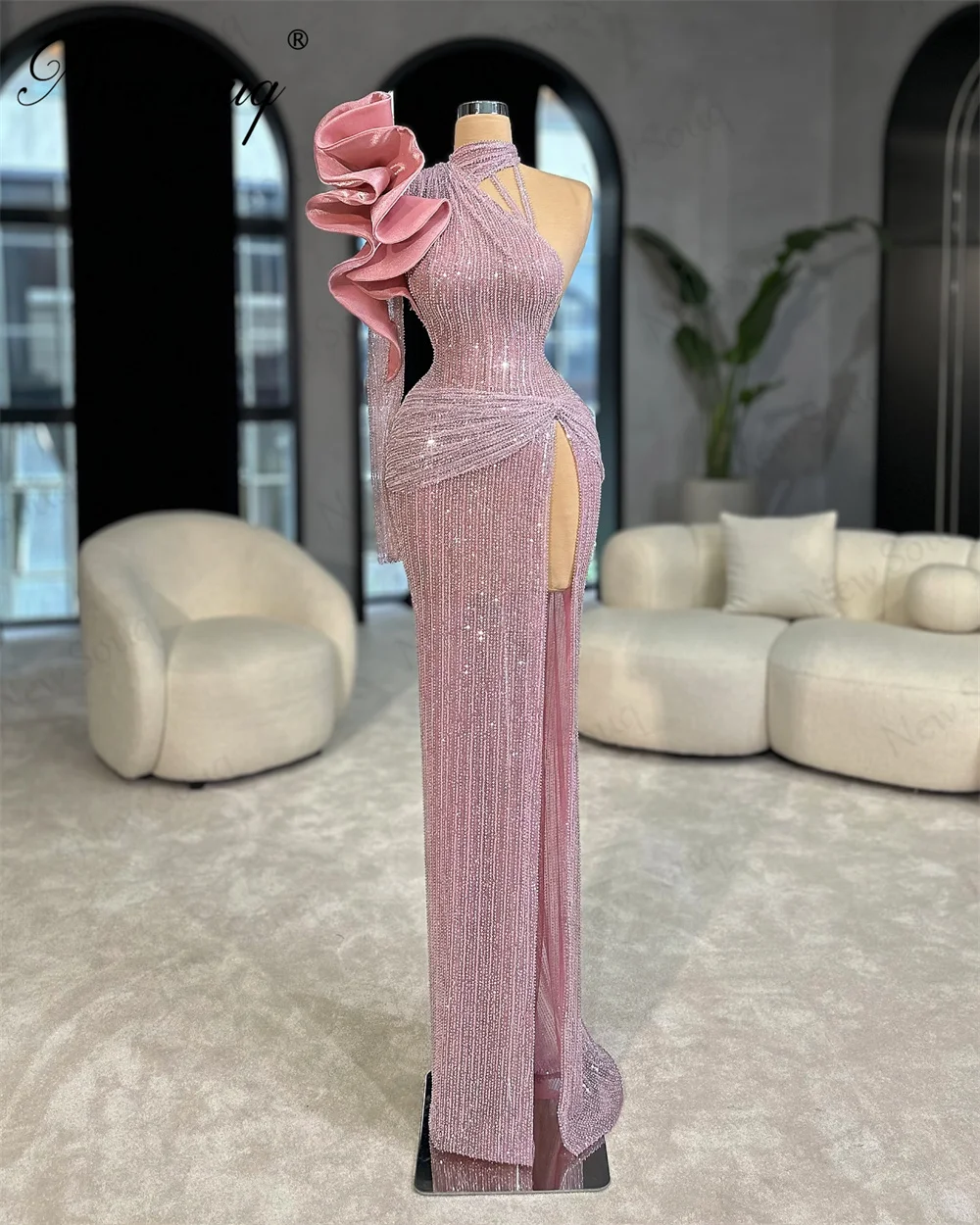 Abendkleider Pink Beaded Evening Dresses Customized Ruffles One Shoulder Party Gowns For Weddings Prom Dress Vestidos De Noche