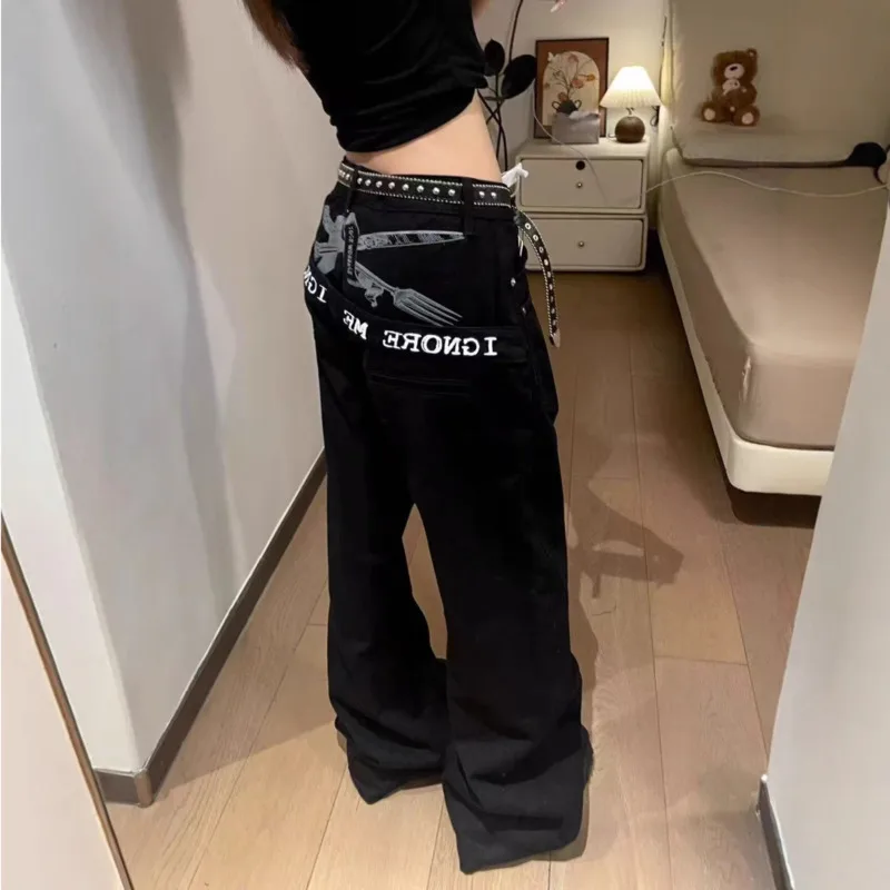 

Personalized Printing Jeans Fashion Personality Street Retro Black Splicing Design Women High Waisted Loose Curved Knife Pants
