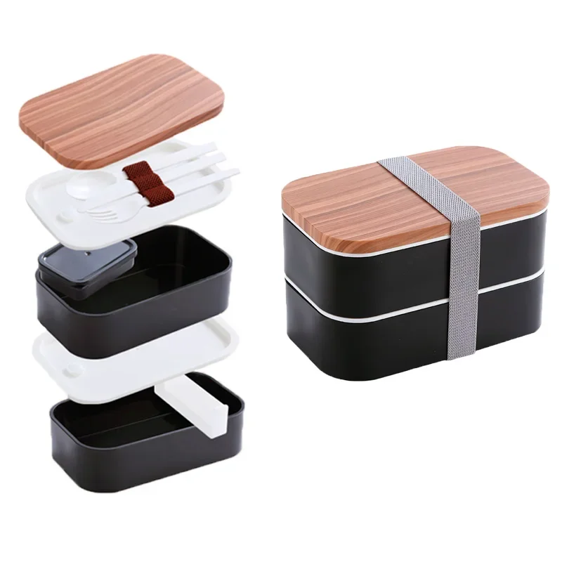 

800ml/1600ml Lunch Box Microwave Wooden Box Double-layer Cutlery Box Multi-functional Portable Outdoor Picnic Box